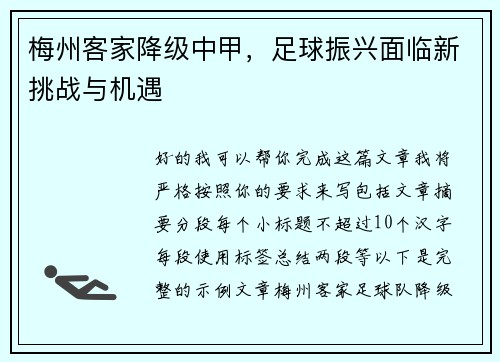 梅州客家降级中甲,足球振兴面临新挑战与机遇 梅州客家降级中甲,足球振兴面临新挑战与机遇