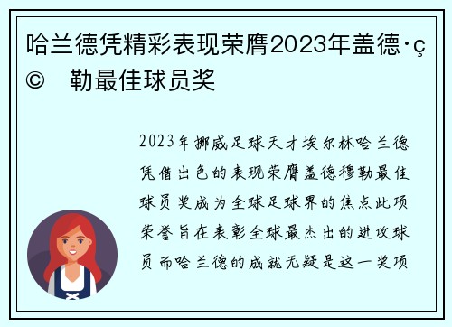 哈兰德凭精彩表现荣膺2023年盖德·穆勒最佳球员奖 哈兰德凭精彩表现荣膺2023年盖德·穆勒最佳球员奖